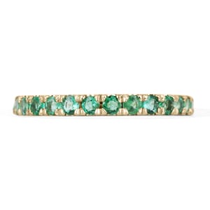 0.90tcw 14K Natural Round Cut Emerald Anniversary Band, Medium Dark Green Round Emerald Half Eternity Band Ring in Gold 14K, French Set