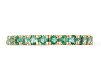 0.90tcw 14K Natural Round Cut Emerald Anniversary Band, Medium Dark Green Round Emerald Half Eternity Band Ring in Gold 14K, French Set
