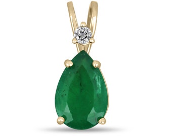 2.40tcw Emerald Necklace, Natural Emerald Diamond Pendant, Pear Emerald 14K Gold Pendant, Natural Pear Emerald Necklace, Emerald Diamond