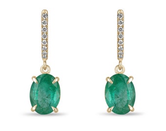 4.30tcw 14K Natural Oval Cut Emerald & Diamond Accent Huggie Dangle Earrings, 585 Gold Lush Dark Green Emerald Earrings Prong Set
