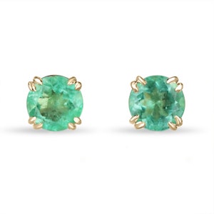 1.90tcw 14K Colombian Emerald Round Cut Stud Earrings, Medium Vivid Green Emerald Studs, Double Claw Prong Set 6mm Emerald Earrings 585 Gold