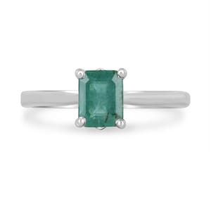 1.0ct Emerald Cut Emerald Solitaire Ring in Sterling Silver 925, Lush Dark Green Emerald Set in 4 Prong, May Emerald Birthday Gift Ring