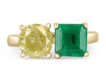 Anillo de compromiso de 2 piedras, 2,72 tcw, con esmeralda cuadrada y diamantes redondos canarios, Earthmine, anillo llamativo Toi Et Moi con esmeralda verde intenso real de 14 quilates