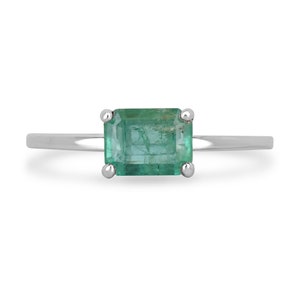 1.05ct Emerald Cut Emerald Set East to West Sterling Silver Ring, Solitaire Emerald Woman&#39;s Ring, Four Prong Emerald Horizontal Ring 925