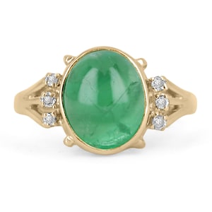 3.36tcw 14K Oval Natural Emerald Cabochon & Diamond Statement Ring, 14K Emerald Cabochon Gold Ring, Oval Cabochon and Diamond Vintage Ring
