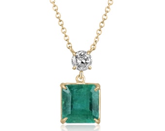 3.50tcw 14K Natural Emerald-Asscher Cut & Champagne Diamond Accent Gold Dangle Necklace,Natural-Green Emerald + Diamond Pendant 14K Gift