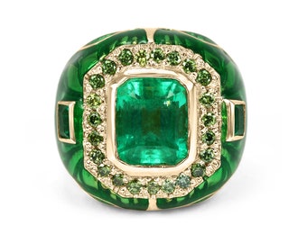 4.45tcw Colombian Emerald Diamond, Enamel & Gold Cocktail Ring, Emerald Ring, Emerald Men's Ring, Men's Emerald Ring, Green Beryl Mens Ring