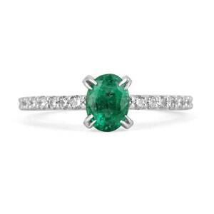 1.49tcw 14K Natural Emerald & Diamond Ring, Oval Cut Emerald Ring, Diamond Shank 14K White Gold Oval Cut Emerald Engagement Ring Emerald