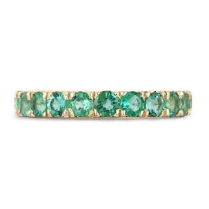 1.20tcw 14K Natural Round Cut Emerald Band Ring, French Set Vivid Medium Green Emerald Ring Band, 3mm Round Emerald Anniversary Band 14K