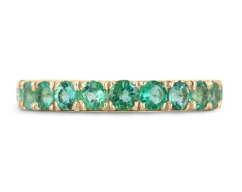 1.20tcw 14K Natural Round Cut Emerald Band Ring, French Set Vivid Medium Green Emerald Ring Band, 3mm Round Emerald Anniversary Band 14K