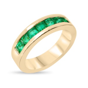 1.40tcw Men's Genuine Vivid Green Emerald Wedding Gold Band Ring, 14k Emerald Band, Channel Set Mens Ring Band, Princess Cut Emerald Band