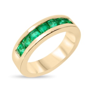 1.40tcw Men&#39;s Genuine Vivid Green Emerald Wedding Gold Band Ring, 14k Emerald Band, Channel Set Mens Ring Band, Princess Cut Emerald Band