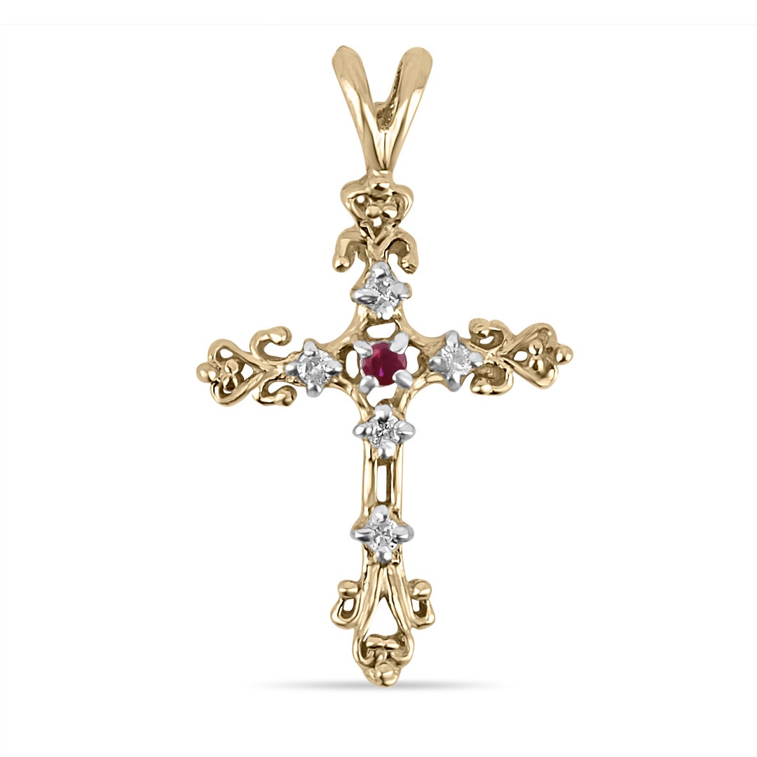 14K Natural Ruby & Diamond Two-toned Gold Cross Pendant Necklace, Dark ...
