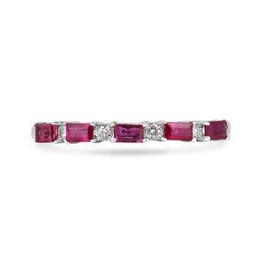 0.42tcw 14K Natural Red Ruby & Diamond Band Ring, Emerald Cut Ruby Set East to West in Prong Setting, Diamond Accent in White Gold 585