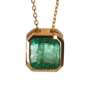 3ct Bezel Set Emerald Pendant, Solitaire Emerald Pendant, Yellow Gold Bezel Emerald Necklace, May Birthstone Pendant, Natural Emerald
