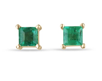 0.80tcw 14K Natural Princess Cut Emerald Stud Earrings, Lush Deep Green Asscher Baby Studs, Gold Four Prong Set May Gift Earrings 585