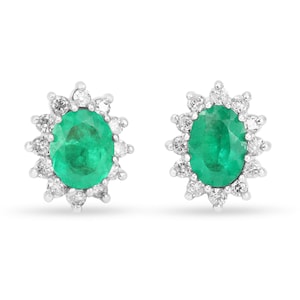 2.55tcw Oval Shape Earth mined Emerald & Round Diamond Cluster Earrings Gold 14k, Emerald Studs, Emerald Cluster Studs, May Birthstone Studs