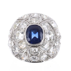 Anello vintage con zaffiro e diamanti da 4,60 tcw, anni &#39;20, anello da cocktail con zaffiro e diamanti, pietra portafortuna di settembre, zaffiro del Grande Gatsby, anello con zaffiro OEC