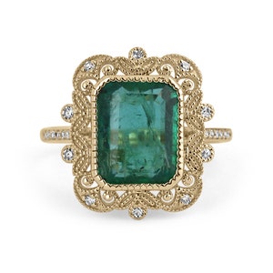 3,35 tcw 14K natuurlijke smaragd-smaragd geslepen diamanten accent vintage stijl gouden ring, emerald diamant gouden vintage natuur ring Mil Grain