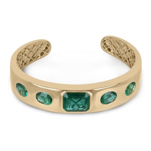 16.45tcw 18K Five Stone Emerald Bangle Bracelet, Natural Medium Dark Green Emerald Bezel Set in Gold 18K, Emerald Cut & Oval Cut Emerald
