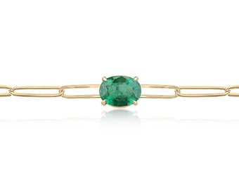 2.65ct 14K Natural Oval Cut Emerald Solitaire Paperclip Bracelet, Lush Medium Dark Green 4 Claw Prong Emerald East to West, 3.75mm Paperclip