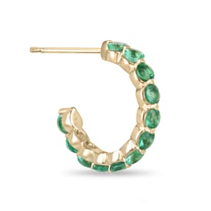 1.50tcw 14K Natural Round Cut Emerald Prong Set Half Hoop Huggie Earrings, Medium Green Emerald Hoop Earring, 585 Gold May Emerald Birthday