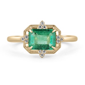 1.32tcw 14K Natural Emerald-Emerald Cut & Diamond Accents, Emerald Diamond Engagement Ring, 14K Horizontal Emerald Cut Emerald Diamond Ring