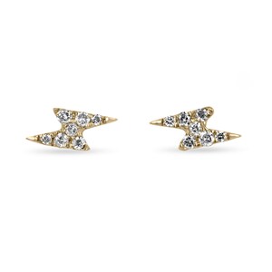 14K Natural Diamond Lightning Bolt Stud Earrings, Solid Gold Pave Set Diamond Bolt Earrings, Petite Trendy Modern Lightning Bolt Studs