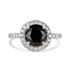 2.47tcw 14K AIG Certified Natural Fancy Dark Brown Diamond & Diamond Halo Engagement Ring, Round Fancy Brown Diamond Ladies Right Hand Ring