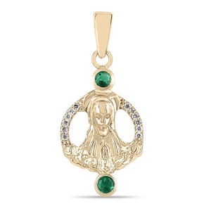 0.52tcw 18K Natural Colombian Emerald & Diamond Virgin Mary Pendant in 750 Yellow Gold, Vivid Medium Green Round Cut Emerald Necklace in 18K