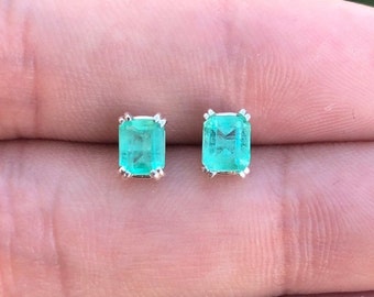 1.15cts Emerald Earrings, Colombian Emerald Stud Earrings,Emerald Cut Emerald Sterling Silver Studs,May Birthstone,Natural Emerald Cut Studs
