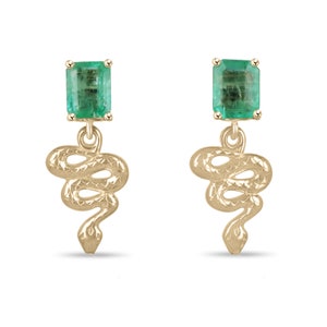 2.10tcw 14K Natural Emerald & Gold Snake Dangle Stud Earrings, Snake Emerald Dangle Studs,  Emerald Serpent Earrings 14K, Gold Snake Dangles