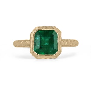 2.05ct 18K Fine Quality Asscher Cut Emerald Solitaire Ring, Bezel Set Rich Dark Green Emerald Gold Ring, Matte Hammered Gold Ring Finish