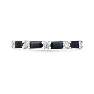 0.58tcw 14K Natural Sapphire & Diamond Band Ring, Deep Blue Baguette Cut Sapphires, Brilliant Round Diamond Prong Set in White Gold 585
