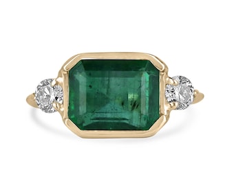 4.35tcw 14K Lush Green Emerald Cut Emerald Half Bezel East to West & Brilliant Round Diamond Three Stone Engagement Ring, Natural Emerald