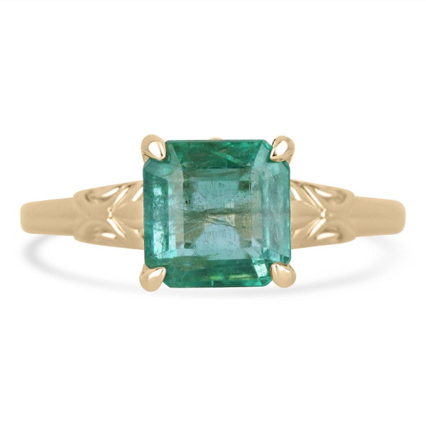 2.37ct 14K Natural Asscher Cut Emerald Solitaire Gold Ring, Regal Floral Four Prong Setting in 585, Lush Medium Bluish Green Emerald Ring