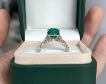 PLAT High Quality Asscher Cut Emerald Diamond Accent Engagement  Ring, Prong Set Floral Setting, Rich Medium Green Emerald Ring 950