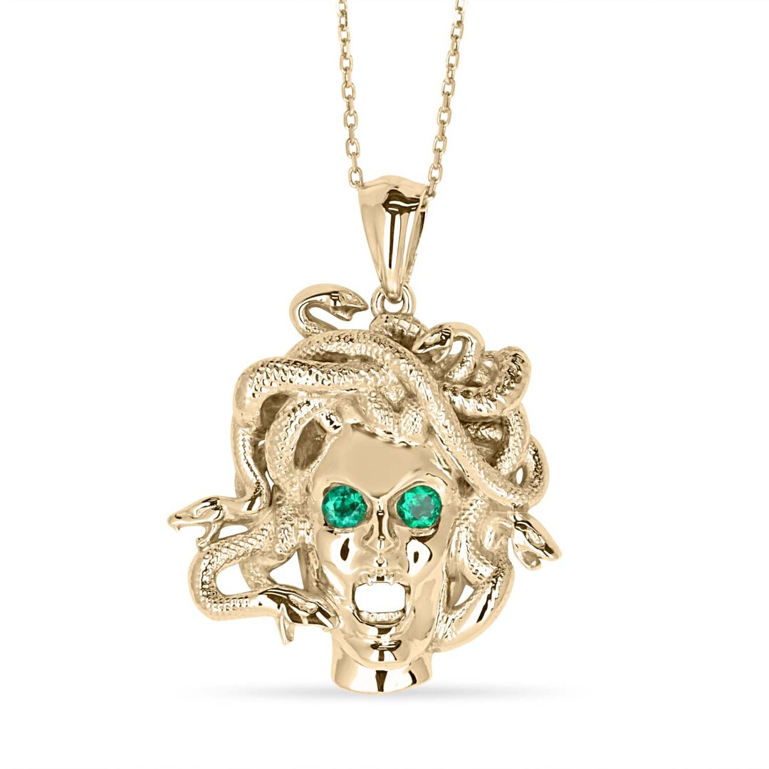Solid Gold Emerald Medusa Head Pendant 14K Yellow Gold, Realistic