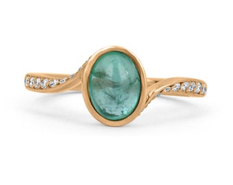 Überbrückung 1.65tcw 14K Natürlicher Smaragd Cabochon Oval Cut & Diamant Akzent Ring, Lünette Set Smaragd Cabochon Multi Edelstein Aussage Rose Ring