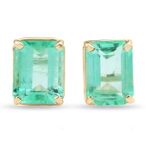 3.0tcw Elongated Emerald Cut Colombian Emerald Earrings, Emerald Solitaire Stud Earrings, Emerald Cut Emerald 14K Gold Studs,May Birthstone