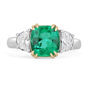 2.97tcw 18K Three Stone Emerald Diamond Ring, 18k Cushion Cut Emerald Ring ,Emerald & Half Moon Diamond Ring, Emerald Diamond Three Stone