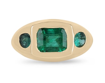 2.63tcw 18K Natural Emerald Three Stone Ring, Lush Medium Dark Green Emerald Trilogy Gold Ring, Bezel Set 3 Stone Unisex 750 Ring