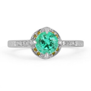 1.15tcw 14K Colombian Emerald-Round Cut & Diamond Accent Engagement Ring, Emerald and Yellow Diamond Engagement Ring, Diamond Gallery Ring