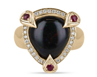 Natural Opal, Ruby, & Diamond Statement Ring, Dark Opal Pear Cushion Cut, Round Ruby and Diamond Halo Accent Cocktail Ring 18K 750 Gold