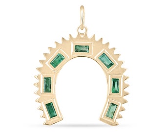 0.90tcw 14K Natural Emerald Horse Shoe Pendant Necklace, Earth Mined Baguette Emerald Horse Shoe, Lucky Emerald Horseshoe Pendant Gift 585