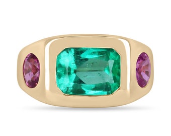 5.52tcw 18K Three Stone Emerald & Oval Pink Sapphire Gypsy Ring, Emerald Sapphire Ring, Emerald Diamond Ring, 18K Emerald Three Stone Ring