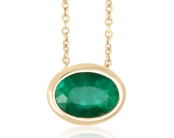 1.30 Carat Gold Medium Rich Green Oval Shape Emerald Bezel Set Slider Necklace 14K, Natural Emerald Necklace, May Birthstone Emerald Pendant