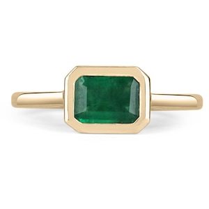 1.0 Carat Bezel East to West Set Dark Green Natural Emerald Cut Solitaire Ring 14K, Solitaire Emerald Ring 14K, Bezel Set Emerald Ring,