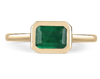 1.0 Carat Bezel East to West Set Dark Green Natural Emerald Cut Solitaire Ring 14K, Solitaire Emerald Ring 14K, Bezel Set Emerald Ring,