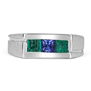 0.60tcw Mens Emerald & Tanzanite Band, Emerald Cut Channel Set Mens Emerald Ring, White Gold Band, Emerald Mens Band, 10K Mens Wedding Band
